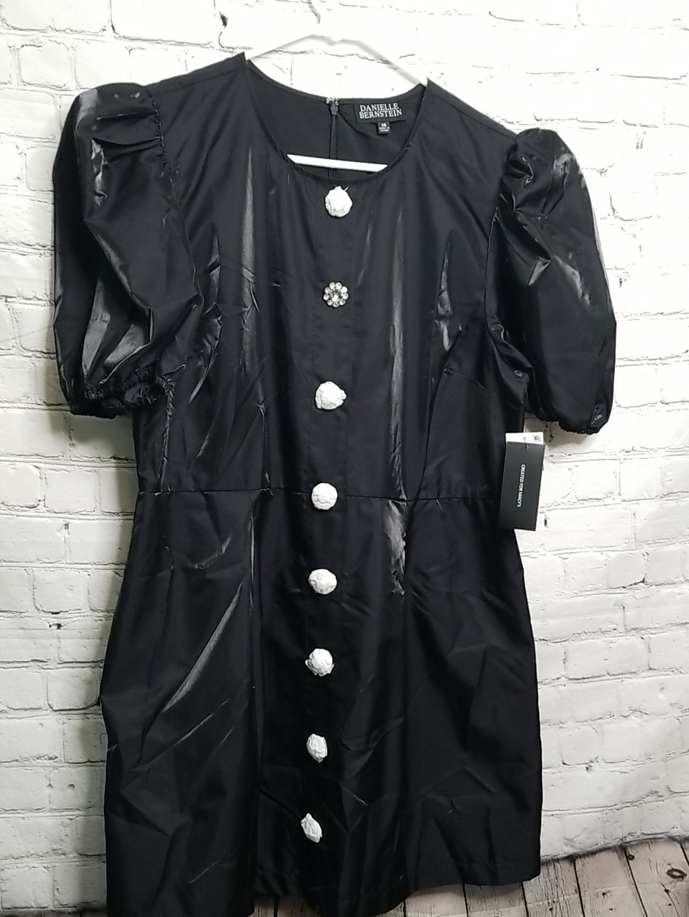DANIELLE BERNSTEIN Black Puff Sleeve Mini Dress with Statement Buttons